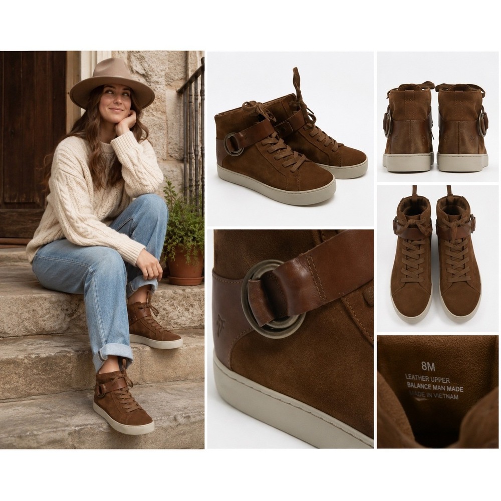 Frye Lena Nutmeg Brown Leather High Top Sneakers Ring Strap Lace Up Women's 7